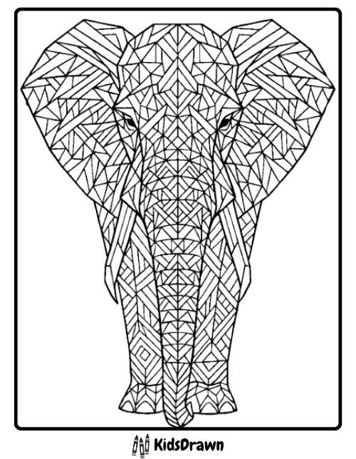 Geometric line art of an elephant’s head, composed of various triangles and shapes, outlined in black. The symmetrical design appears inside a rectangular border with “KidsDrawn” at the bottom—perfect for unique elephant coloring pages.