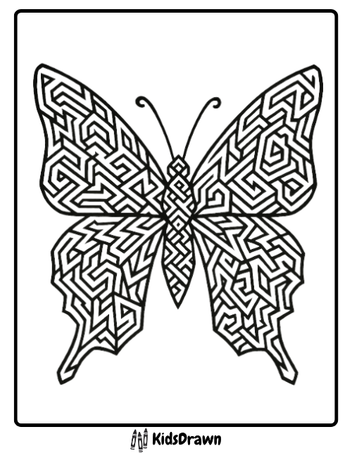 Intricate coloring page of a butterfly with wings patterned entirely with complex geometric maze lines and shapes