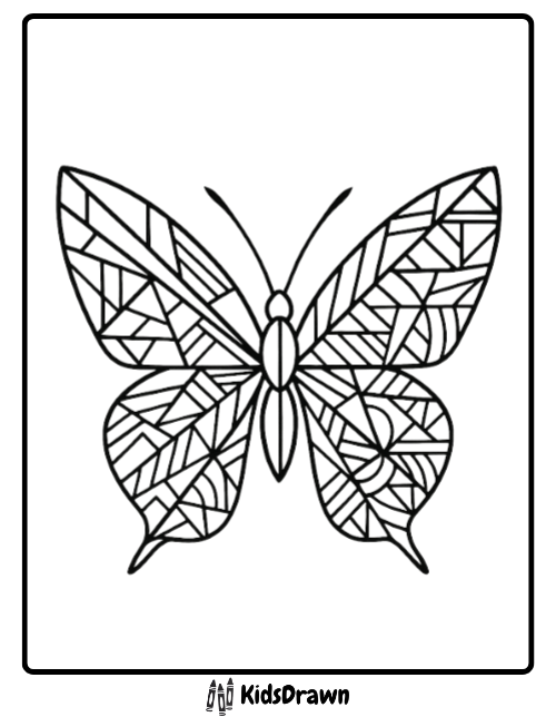 Intricate geometric butterfly coloring page featuring a complex mosaic pattern of irregular straight-line shapes