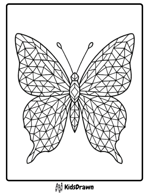 Advanced geometric butterfly coloring page with a detailed pattern of small triangles filling the wings