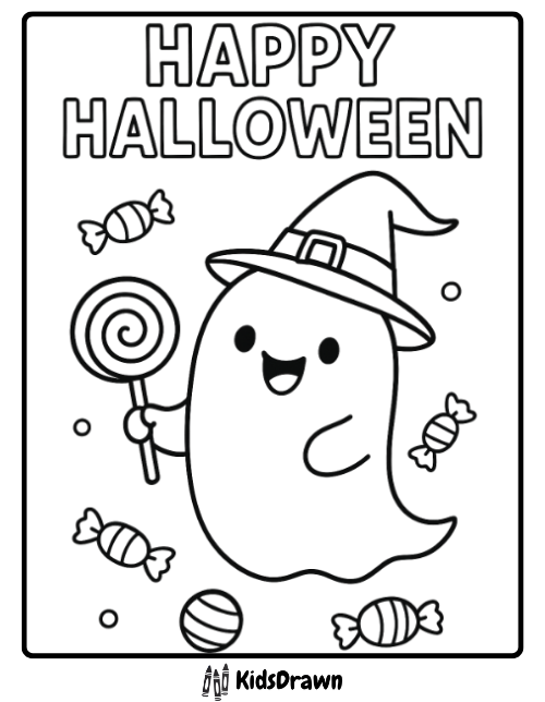 Cute Halloween ghost holding lollipop and candies printable