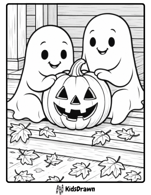 Two cute ghosts sitting with a jack-o-lantern on porch steps