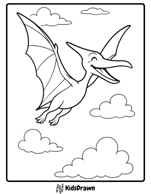 Smiling pterodactyl flying high in the sky with clouds
