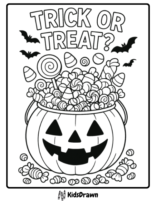 Trick or Treat pumpkin bucket filled with candies and bats