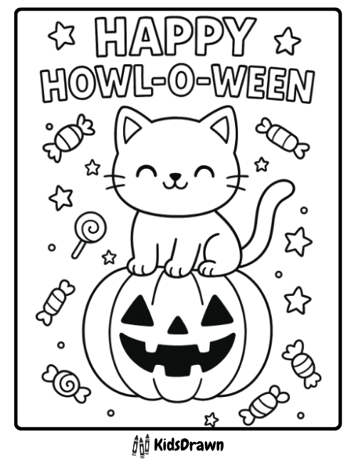Happy kitten sitting on pumpkin with candies Happy Howl-O-Ween