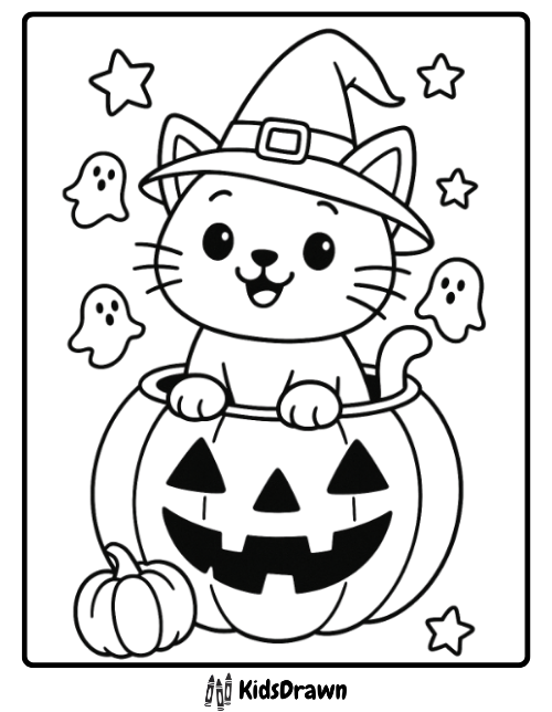 Cute cat in witch hat popping from pumpkin with tiny ghosts