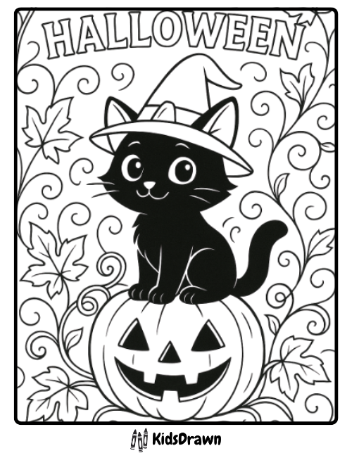 Adorable black cat wearing witch hat sitting on jack-o-lantern