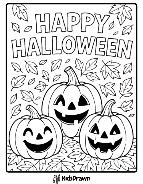 Three happy jack-o-lantern pumpkins with leaves Happy Halloween