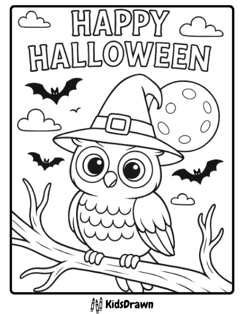 Cute owl wearing witch hat sitting on branch Halloween night