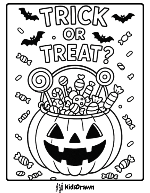 Trick or Treat pumpkin bucket filled with candies and lollipops