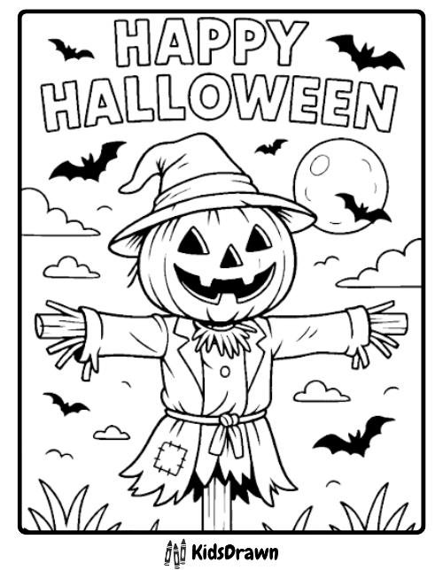 Smiling pumpkin scarecrow with bats and full moon behind