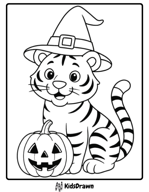 Smiling tiger wearing a witch hat beside a pumpkin fun halloween themed tiger coloring pages for kids