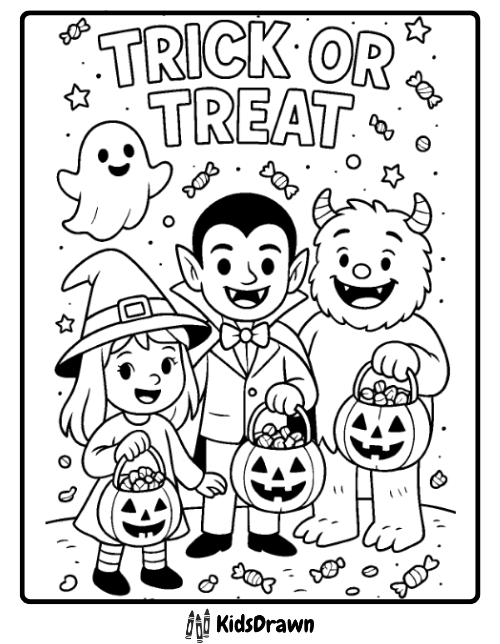 Cute kids in costumes trick or treat with pumpkin baskets