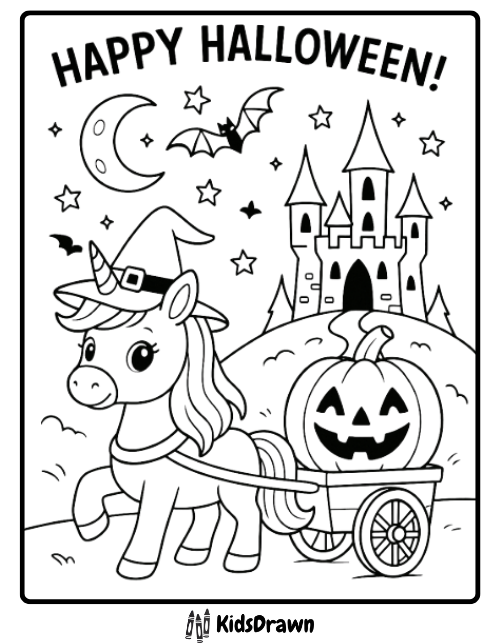 Cute unicorn pulling pumpkin wagon near castle Halloween