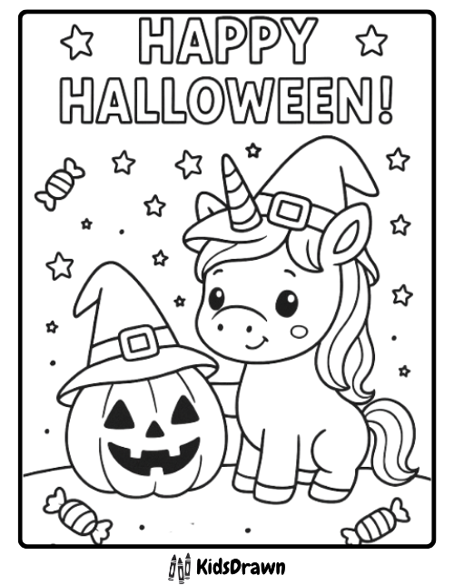 Smiling unicorn wearing witch hat with pumpkin Halloween