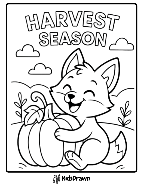 Fox coloring page of a joyful fox hugging pumpkin harvest