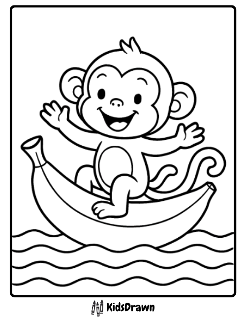 A printable monkey coloring page depicting a happy monkey sailing on a banana boat across the water
