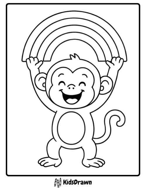 A cheerful monkey coloring page for kids, with a happy monkey holding a big rainbow over its head