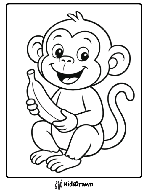 A simple and fun monkey coloring page featuring a smiling monkey holding a delicious banana