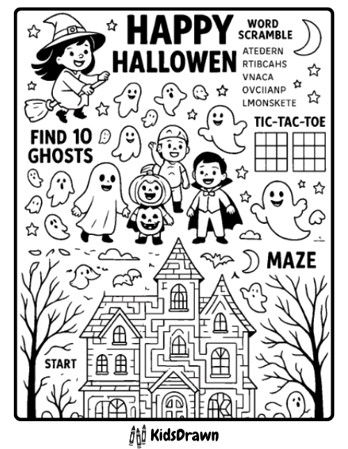 Fun Halloween activity page with maze ghosts and word games