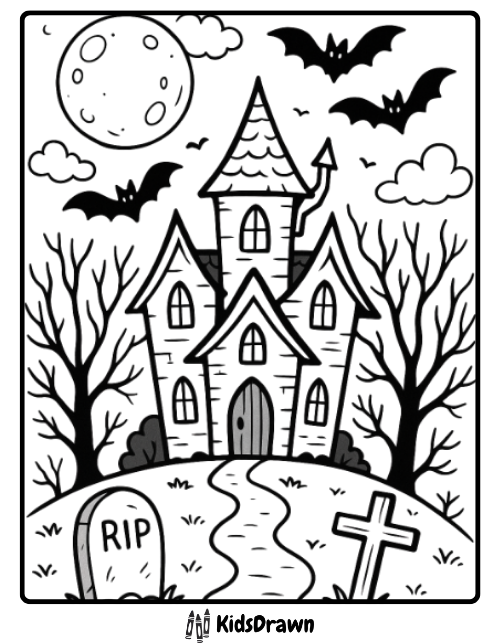 Haunted house with bats graveyard and full moon at night