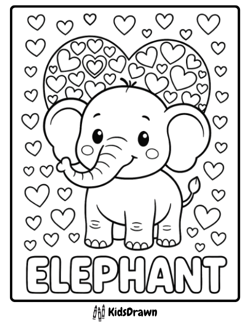 A cute cartoon elephant stands smiling, surrounded by many hearts. The word ELEPHANT is written in bold letters at the bottom. This black and white design is perfect for elephant coloring pages.