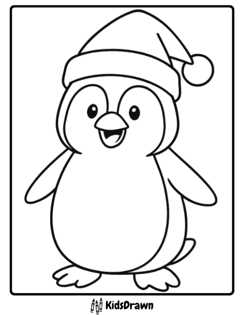 Holiday Penguin Festive Hat smiling penguin wearing Santa hat, Christmas themed Penguin Coloring Pages for children