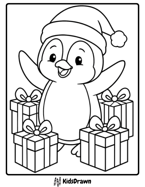 Holiday Penguin Presents happy penguin surrounded by gift boxes, joyful holiday Penguin Coloring Pages printable