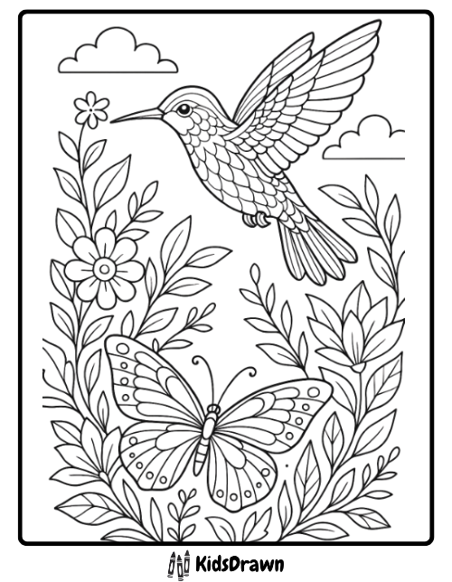 Nature coloring page with a detailed hummingbird flying above a butterfly surrounded by flowers and leaves