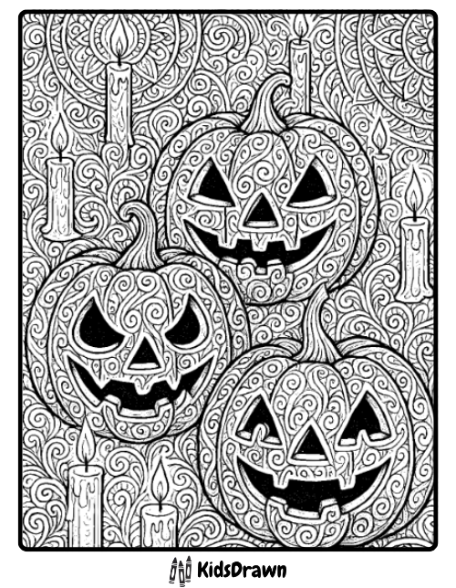 Detailed pumpkins with glowing candles and ornate patterns