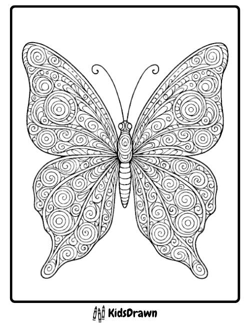 Intricate adult coloring page of a butterfly with complex, dense swirling and spiral patterns on its wings