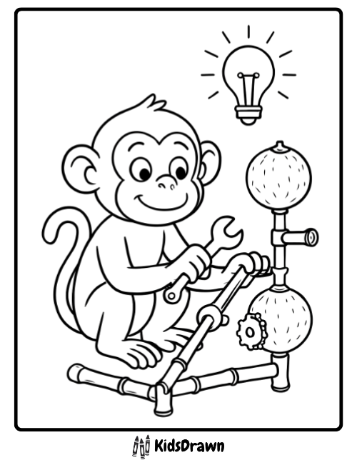A creative monkey coloring page showing an inventor monkey with a great idea, building a bamboo contraption