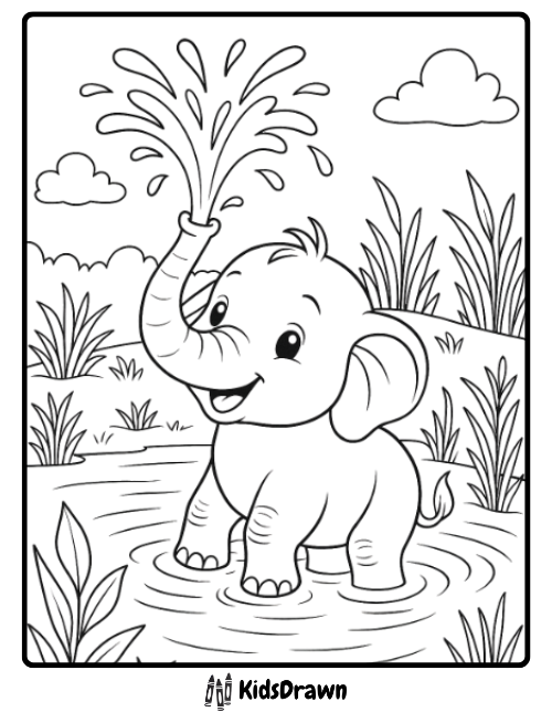 Happy baby elephant spraying water in nature, cheerful scene for elephant coloring pages