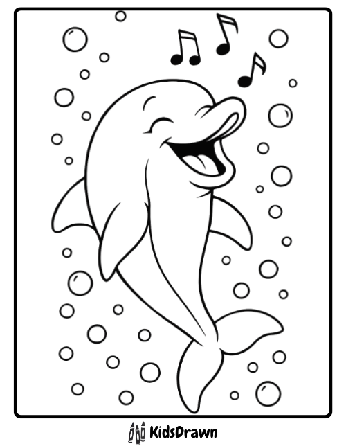 Cute, joyful dolphin outline singing a song with musical notes above its head, surrounded by bubbles underwater for a coloring page