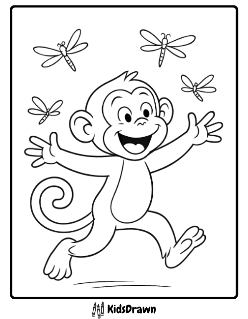 A joyful monkey coloring page depicting a happy monkey running and chasing after dragonflies