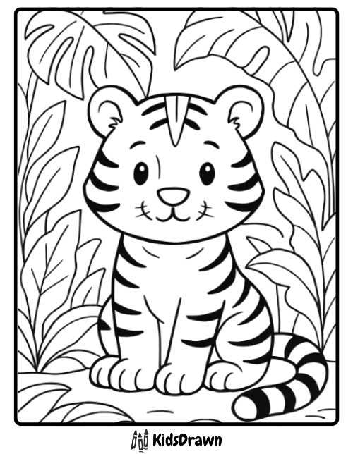 Cute tiger sitting among jungle leaves calm and fun jungle themed tiger coloring pages for kids