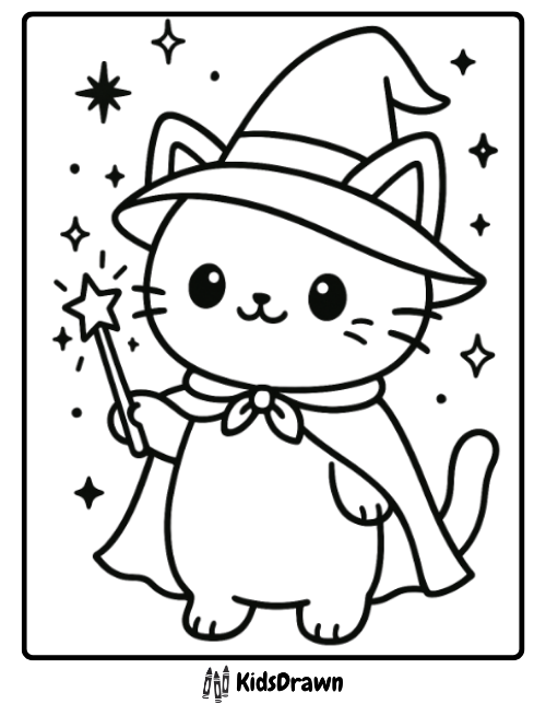 Adorable wizard cat holding magic wand wearing witch hat