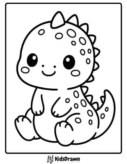 Cute kawaii baby dinosaur sitting with big eyes and spots