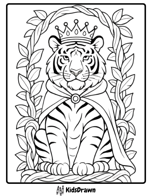 Majestic tiger wearing a crown sitting proudly royal themed tiger coloring pages for children