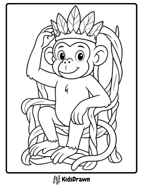 A majestic monkey coloring page featuring a monkey king with a leafy crown sitting on a vine throne