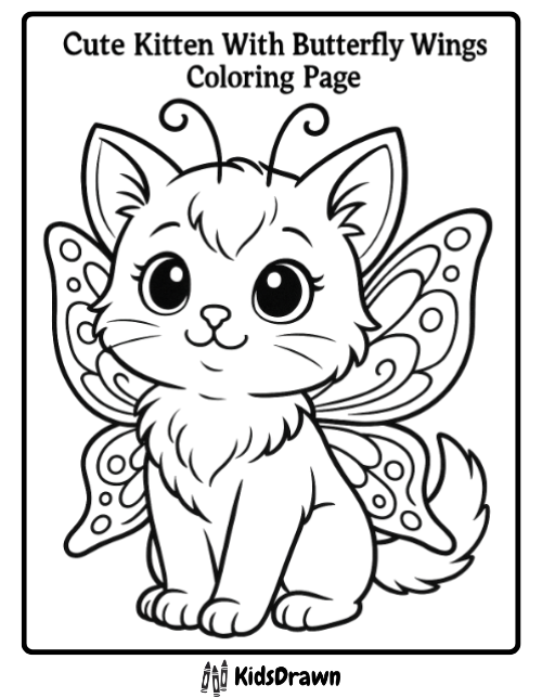 Cute kitten with butterfly wings coloring page featuring a smiling cartoon cat with large fairy wings