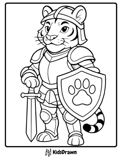 Brave tiger dressed as a knight holding a sword and shield adventurous tiger coloring pages for kids