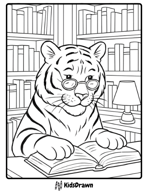 Wise tiger reading a book in a library educational and creative tiger coloring pages for children