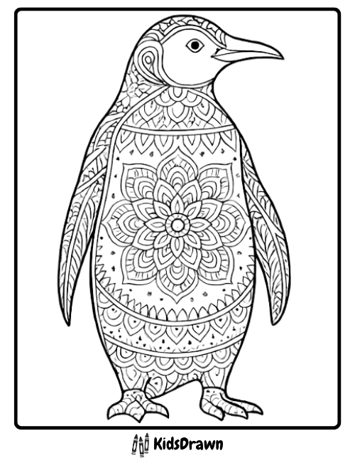 Mandala Penguin Art detailed penguin illustration with mandala patterns, relaxing Penguin Coloring Pages for adults