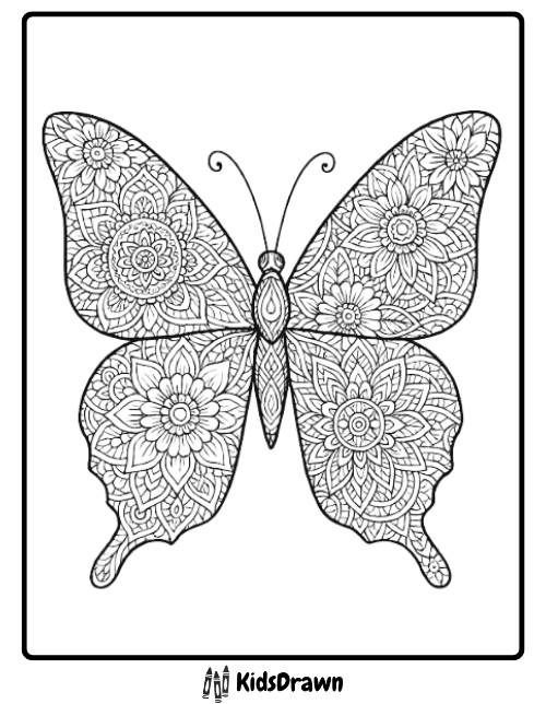 Detailed adult coloring page featuring a butterfly with wings intricately filled with floral mandala patterns