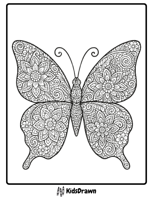 Intricate mandala adult coloring page featuring a butterfly completely filled with detailed flowers and swirls