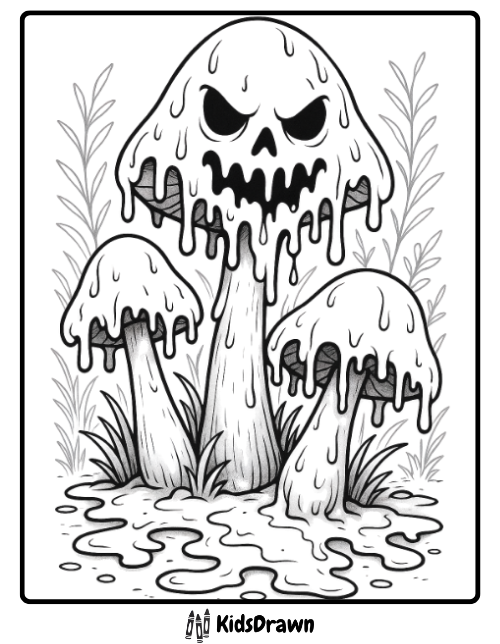 Creepy melting mushrooms with scary faces Halloween scene