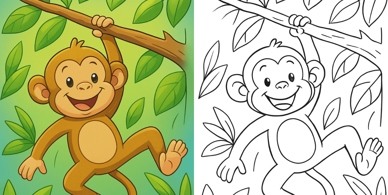 Cute monkey hanging on a tree branch with leaves free printable monkey coloring page for kids