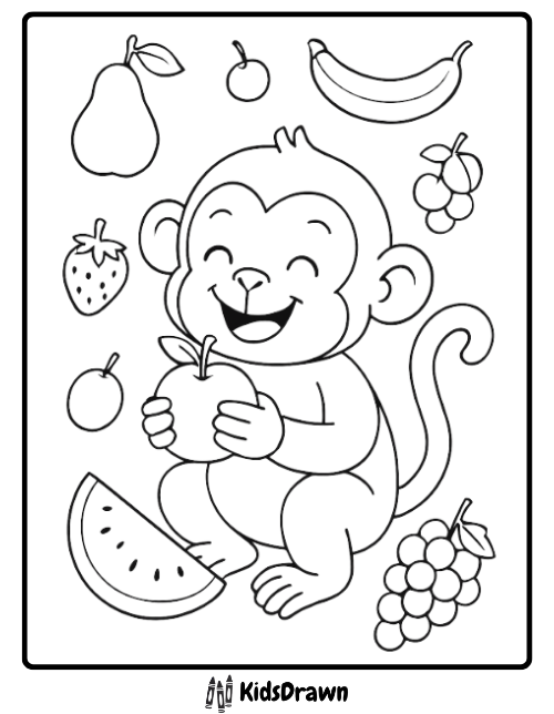 A healthy-eating themed monkey coloring page with a joyful monkey surrounded by a variety of delicious fruits like apples, bananas, and grapes