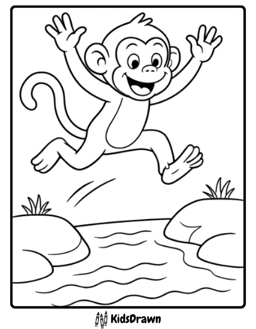 An adventurous monkey coloring page depicting an excited monkey leaping energetically over a small stream